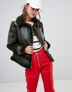 Зеленый бомбер с искусственным мехом River Island