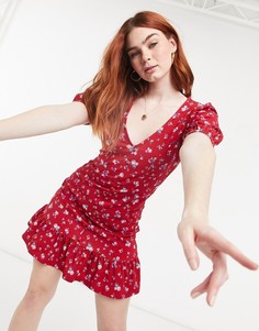 Чайное платье мини ягодного цвета на пуговицах с цветочным принтом ASOS DESIGN-Сиреневый