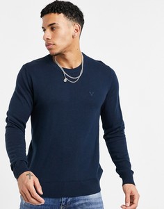 Темно-синий трикотажный джемпер с круглым вырезом и фирменным логотипом American Eagle