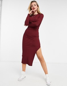 Бордовое платье миди в рубчик с длинными рукавами и чашечками ASOS DESIGN-Красный