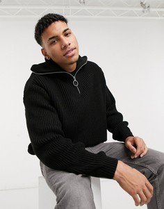 Черный вязаный oversized-джемпер в рубчик с короткой молнией ASOS DESIGN-Черный цвет