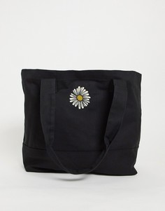Черная сумка-тоут в стиле oversized из плотной моющейся ткани с вышивкой маргаритки в стиле 90-х ASOS DESIGN-Черный цвет