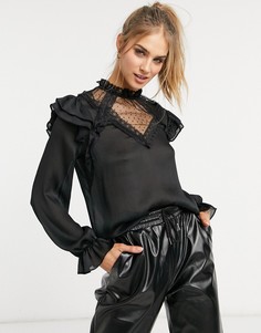 Черная атласная блузка в викторианском стиле с кружевной отделкой River Island-Черный цвет
