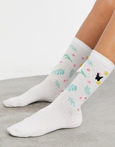 Носки до икры с вышитым цветочным рисунком ASOS DESIGN-Кремовый