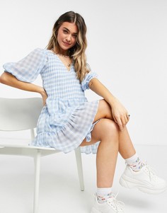 Свободное присборенное платье мини ярусного кроя в голубую клетку ASOS DESIGN-Многоцветный