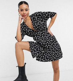 Черное чайное платье на роговых пуговицах с цветочным принтом ASOS DESIGN Tall-Черный цвет
