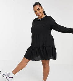 Черное ярусное платье мини свободного кроя с длинными рукавами ASOS DESIGN Curve-Черный цвет