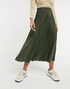 Плиссированная юбка миди темного оттенка хаки ASOS DESIGN-Зеленый цвет