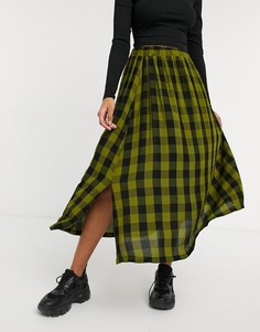 Юбка миди в зеленую и черную шахматную клетку с разрезом ASOS DESIGN-Многоцветный
