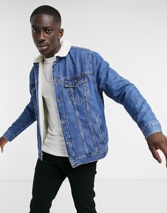 Синяя джинсовая куртка с воротником из искусственного меха Bershka-Голубой