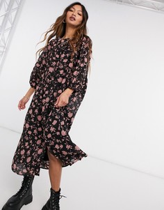 Черное цветочное платье миди свободного кроя с разрезом сбоку Vero Moda-Многоцветный