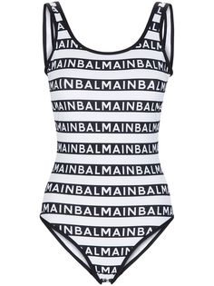 Balmain striped-logo scoop-neck swimsuit