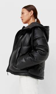 Stradivarius Стеганая Куртка Из Искусственной Кожи С Капюшоном Женская Коллекция Черный Xs