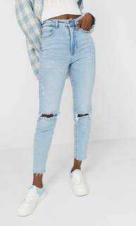 Stradivarius Джинсы Mom Fit Облегающего Кроя Женская Коллекция Синий С Эффектом Потертости 34