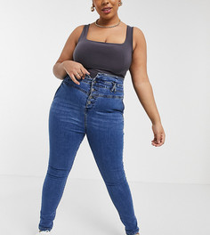 Облегающие джинсы цвета индиго с высоким поясом в корсетном стиле Yours-Голубой