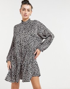 Черное платье мини с присборенной юбкой, высоким воротом и звериным принтом Vero Moda-Многоцветный