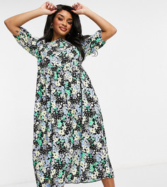 Платье миди с цветочным принтом, объёмными рукавами и ярусной юбкой New Look Petite-Розовый цвет