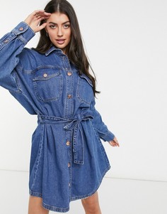 Синее джинсовое платье-рубашка мини с поясом River Island-Голубой