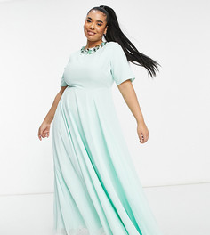 Платье макси с укороченным лифом и отделкой на горловине ASOS DESIGN Curve-Зеленый цвет