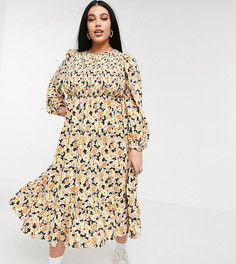 Платье мидакси с присборенным лифом, ярусной юбкой и цветочным принтом Fashion Union Plus-Многоцветный