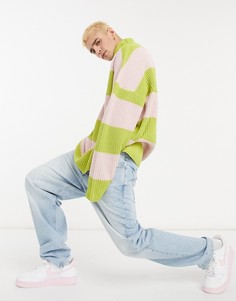 Джемпер в рубчик в стиле oversized в розовую и лаймовую полоску с высоким воротом ASOS DESIGN-Розовый цвет