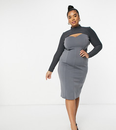 Серое платье-футляр миди в рубчик с верхней частью лифа внахлест ASOS DESIGN Curve-Серый