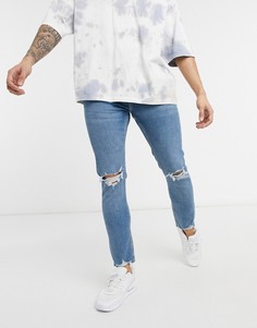 Сине-голубые выбеленные супероблегающие джинсы с рваной отделкой Bershka-Голубой