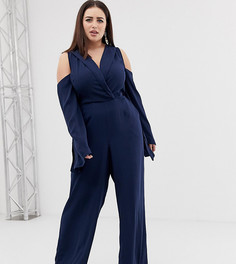 Комбинезон в стиле смокинга с открытыми плечами и поясом ASOS DESIGN Curve-Темно-синий