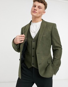 Облегающий пиджак цвета хаки из саржи с добавлением шерсти ASOS DESIGN-Зеленый цвет