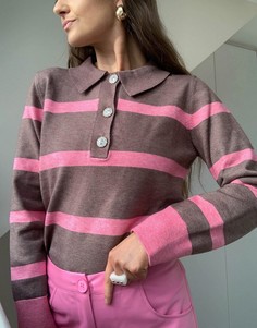 Джемпер в полоску с воротником и планкой на пуговицах со стразами ASOS DESIGN-Коричневый цвет
