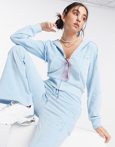 Бархатный укороченный худи на молнии с рисунком Kitty из стразов от комплекта New Girl Order x Hello Kitty-Голубой