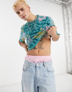 Сине-зеленая трикотажная oversized-футболка со сплошным принтом логотипа ASOS DESIGN-Зеленый цвет