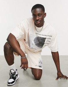 Бежевая футболка в стиле oversized с несколькими принтами с логотипами ASOS Dark Future-Бежевый