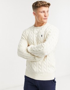 Светлый хлопковый джемпер вязки «в косичку» с логотипом Polo Ralph Lauren-Белый