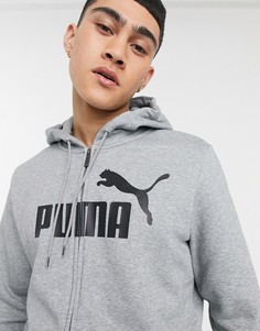 Серый худи на молнии с маленьким логотипом Puma Essentials