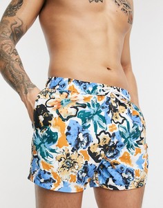 Короткие шорты для плавания с нарисованным цветочным принтом ASOS DESIGN-Темно-синий