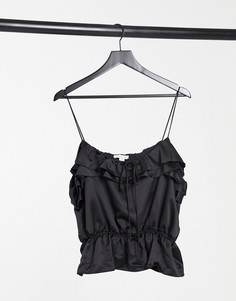 Черный топ на бретельках с оборками Topshop