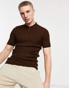 Коричневая трикотажная футболка в рубчик с воротником поло ASOS DESIGN-Коричневый цвет