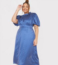 Темно-синее платье миди в горошек с объемными рукавами In The Style Plus x Lorna Luxe-Многоцветный
