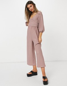 Серо-коричневый фактурный комбинезон с запахом ASOS DESIGN-Розовый цвет