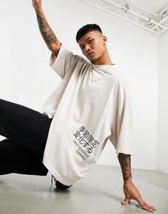 Бежевая oversized-футболка с текстовым принтом спереди ASOS DESIGN-Бежевый