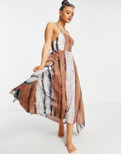 Бежевое пляжное летящее платье миди с принтом тай-дай ASOS DESIGN-Многоцветный