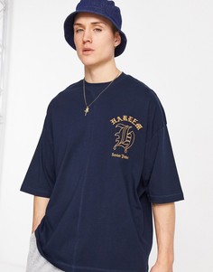 Темно-синяя oversized-футболка с принтом на груди ASOS DESIGN-Темно-синий