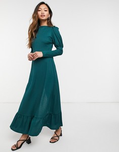 Темно-зеленое атласное платье миди с пышными рукавами River Island-Зеленый цвет