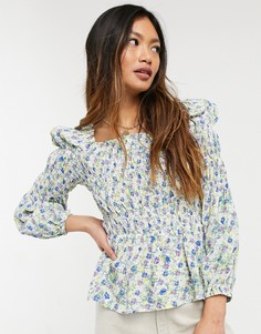 Кремовая присборенная блузка с мелким цветочным принтом River Island-Кремовый