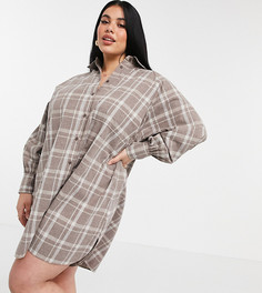 Платье-рубашка бойфренда мини в стиле oversized в бежевую клетку ASOS DESIGN Curve-Многоцветный