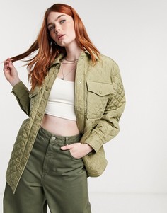 Стеганая рубашка-шакет навыпуск цвета хаки из нейлона Bershka-Зеленый цвет
