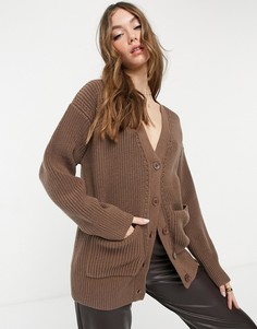 Серо-коричневый удлиненный кардиган в рубчик с карманами ASOS DESIGN-Светло-бежевый