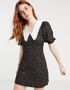 Приталенное платье со свободной юбкой, воротником и цветочным принтом Miss Selfridge-Черный цвет