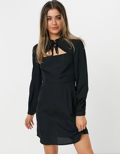 Черное платье мини с завязкой на вороте и сборками New Look-Черный цвет